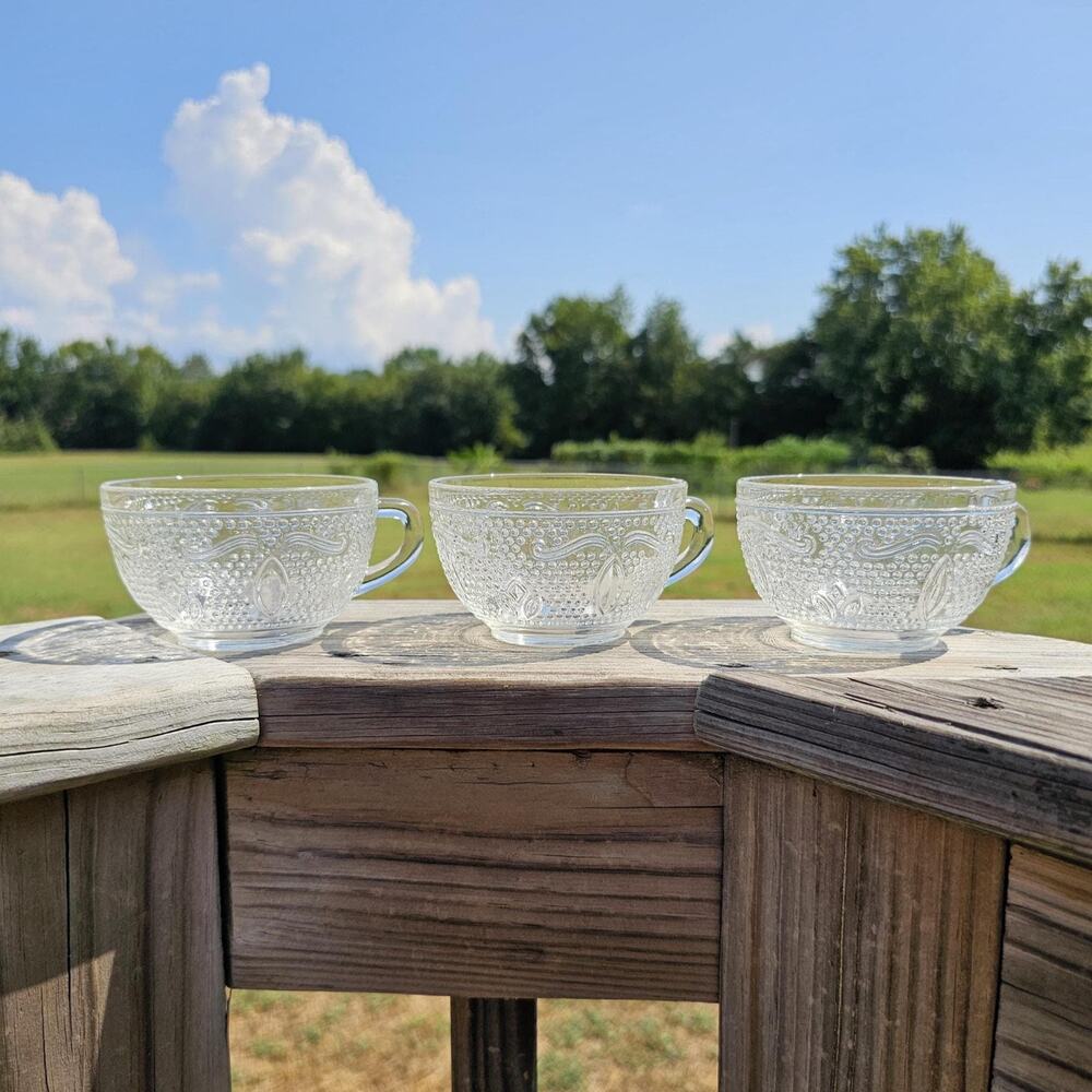 Vintage Federal Glass Teacups - Heritage Embossed Clear Glass Set of 3